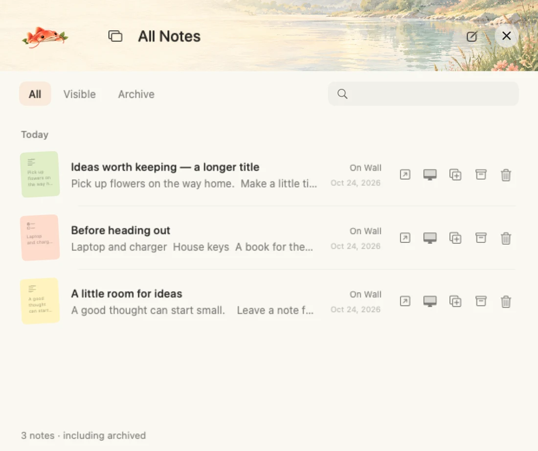 All Notes with All, Visible and Archive tabs and a search field